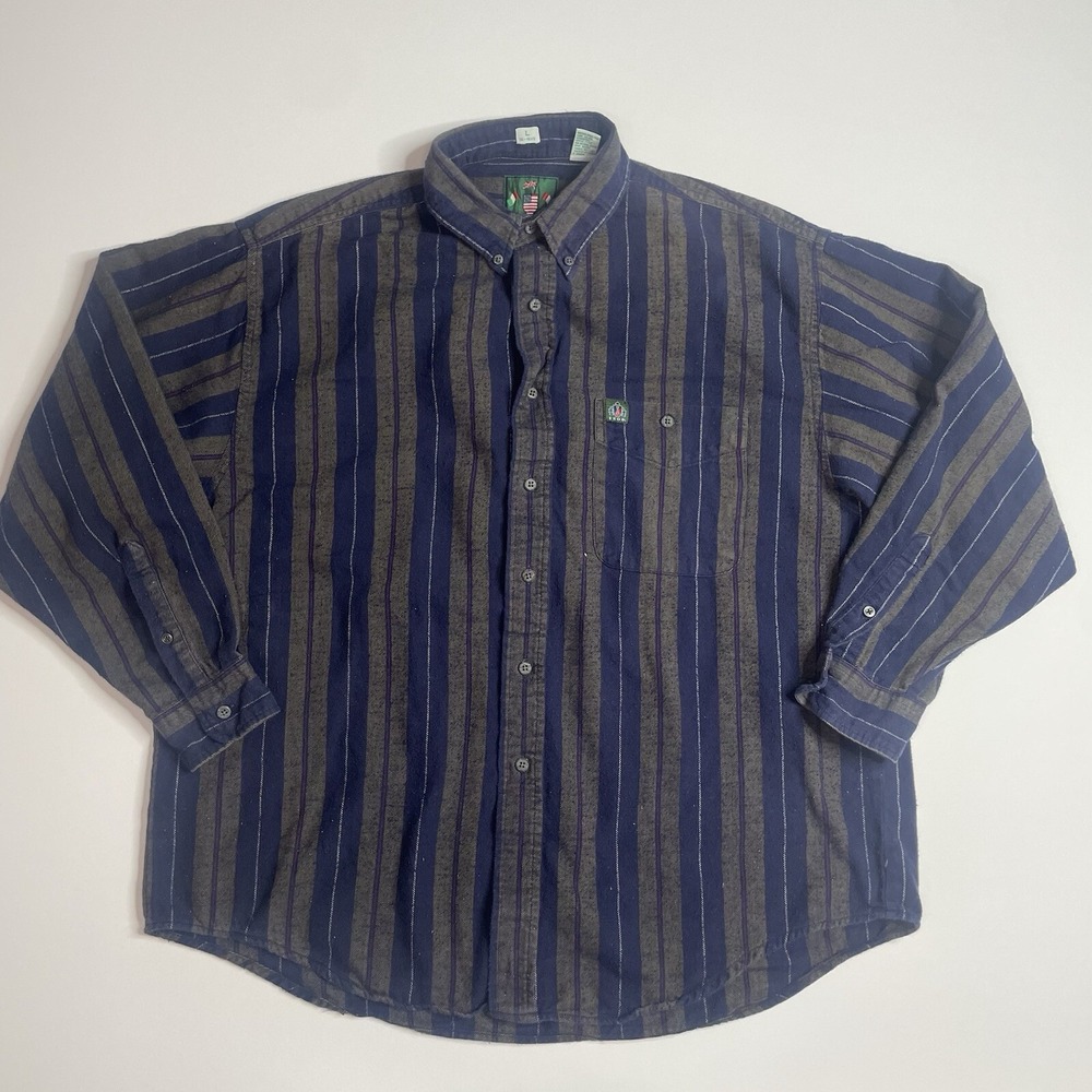 Vintage Izod Men's Large Grey Blue Striped Long Sleeve Button Shirt 90s